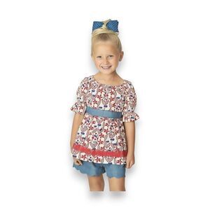 Matilda Jane Crimson Cutie Hello Lovely Peasant Top Red White Blue Lace Trim 2T